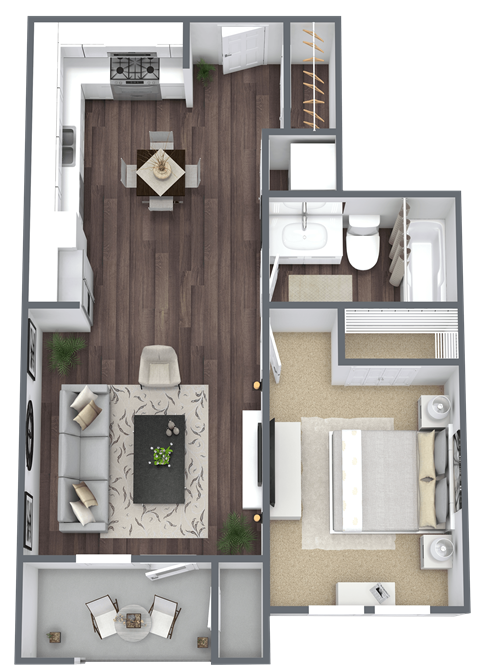Floor plan for 1 bed, 1 bath, 709 sqft